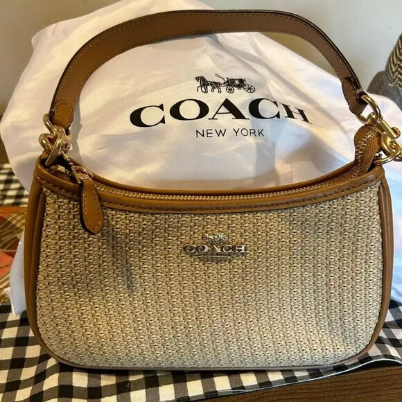 Tote New COACHTeri 2way Shoulder Bag Crossbody Straw Smooth Leather Latte